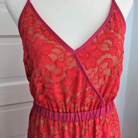 Vintage y2k ABS Allen Schwartz Maxi Dress Floral Lace Slit Pink Wrap Size Small - Picture 7 of 11